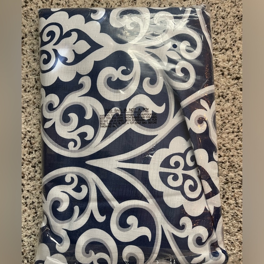 Fabric table cloth. Navy, white and gray. New never opened 60x102